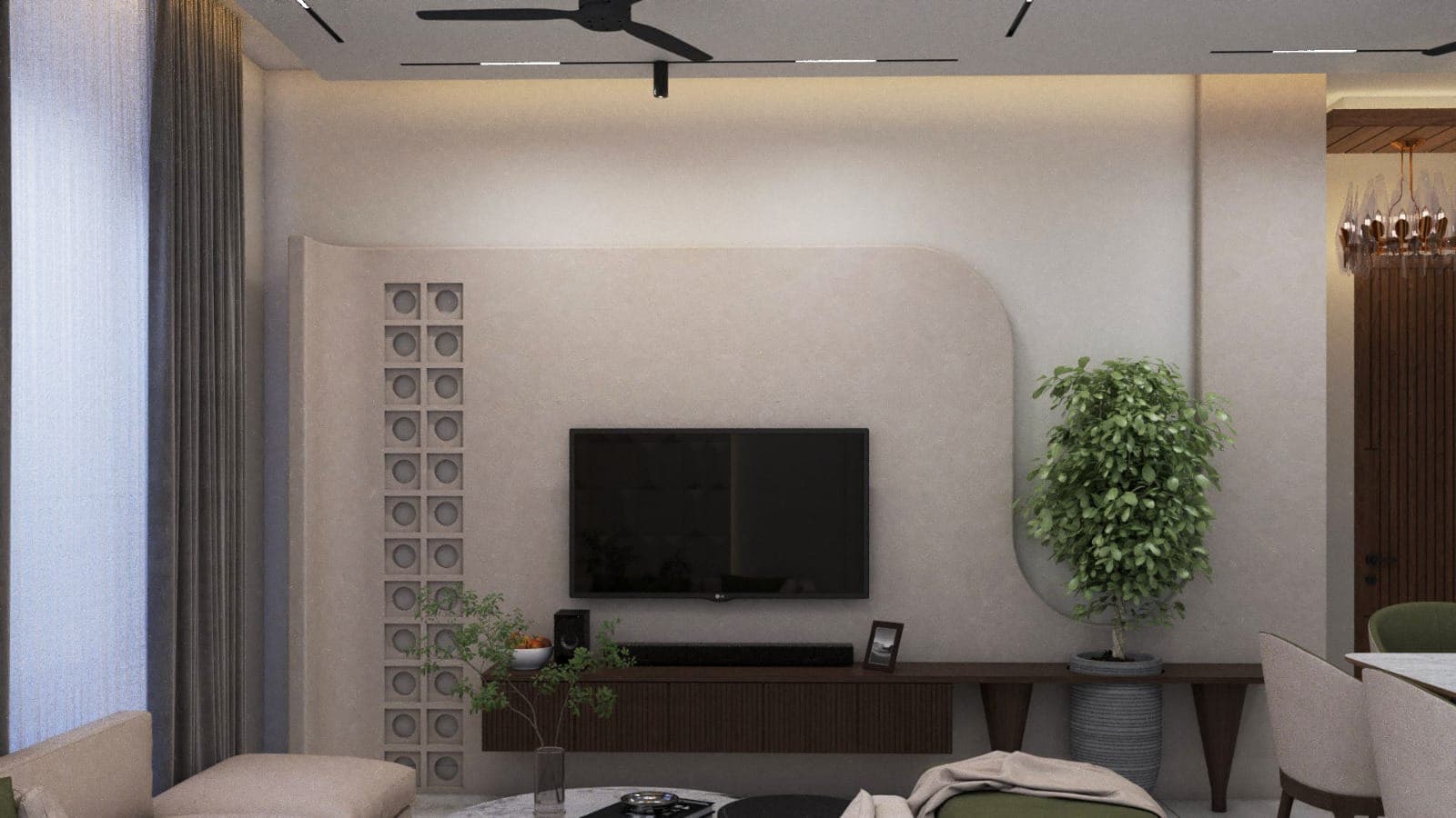 Rendered living room with a wall-mounted television on a curved plaster wall, a dark wood floating media console, a potted tree and a dining area glimpsed beyond.
