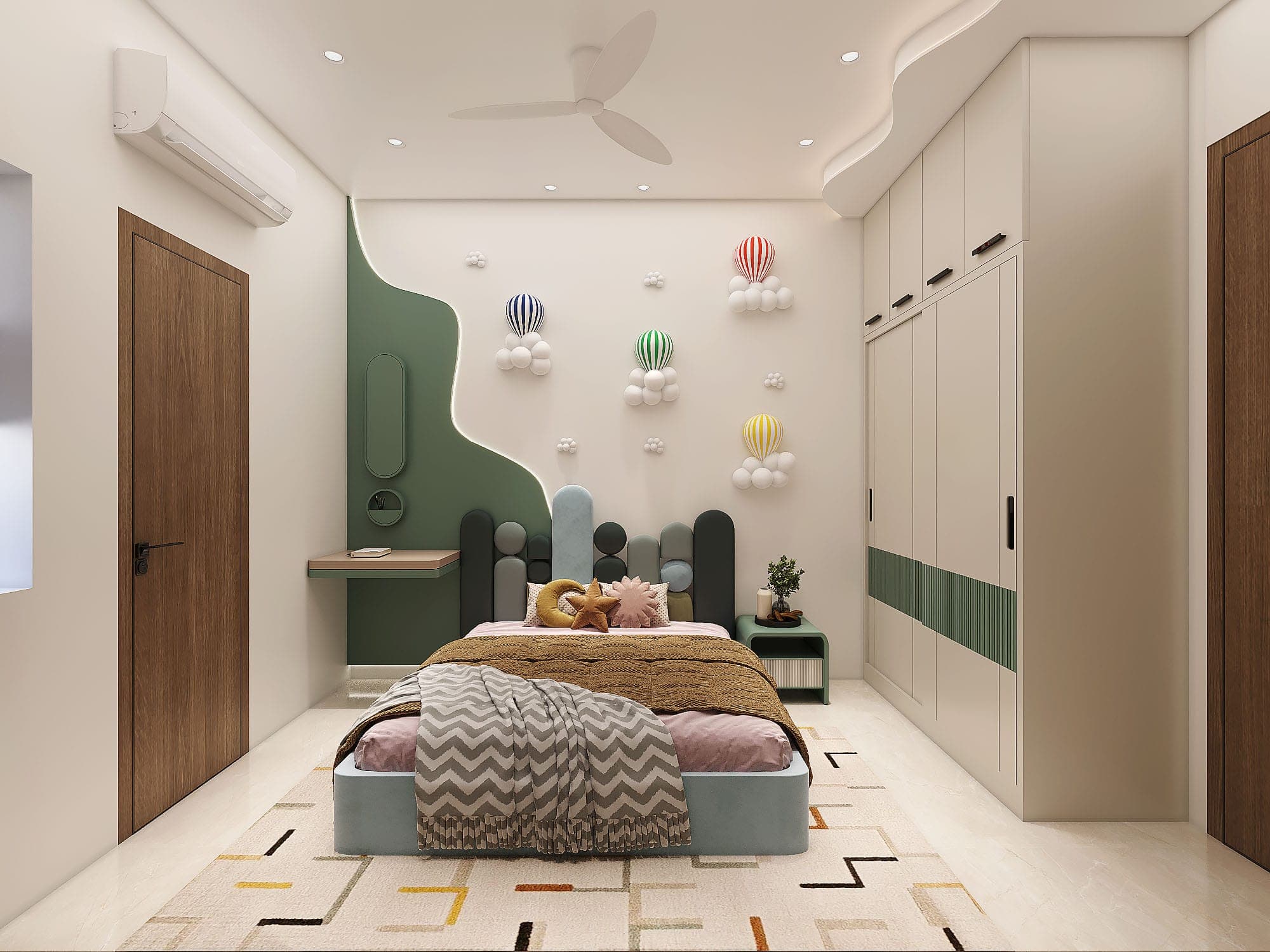 Rendered children's bedroom with hot-air-balloon and cloud wall decor, a colourful arched headboard, green accents and a patterned rug.