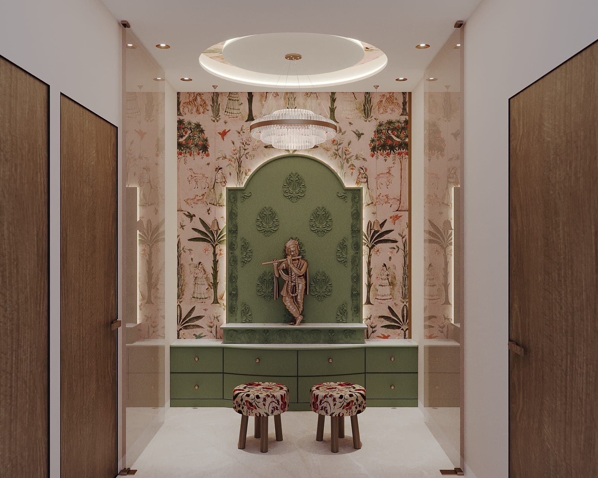 Rendered prayer room with a green arched altar holding a flute-playing deity idol, floral chinoiserie wallpaper, a tiered ring pendant light and two floral upholstered stools.
