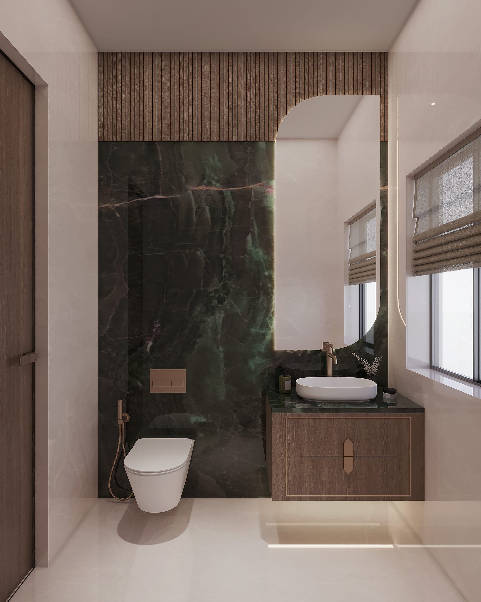 Rendered powder bathroom with a dark green marble wall, a wood fluted panel above, an arched backlit mirror and a white vessel basin on a wood vanity.