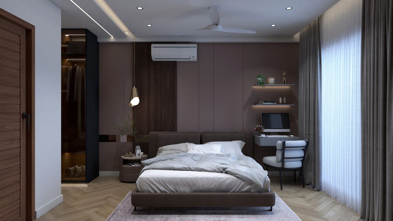 Rendered bedroom in warm mauve tones with a glass-fronted walk-in wardrobe, an upholstered bed and a corner desk with a monitor.