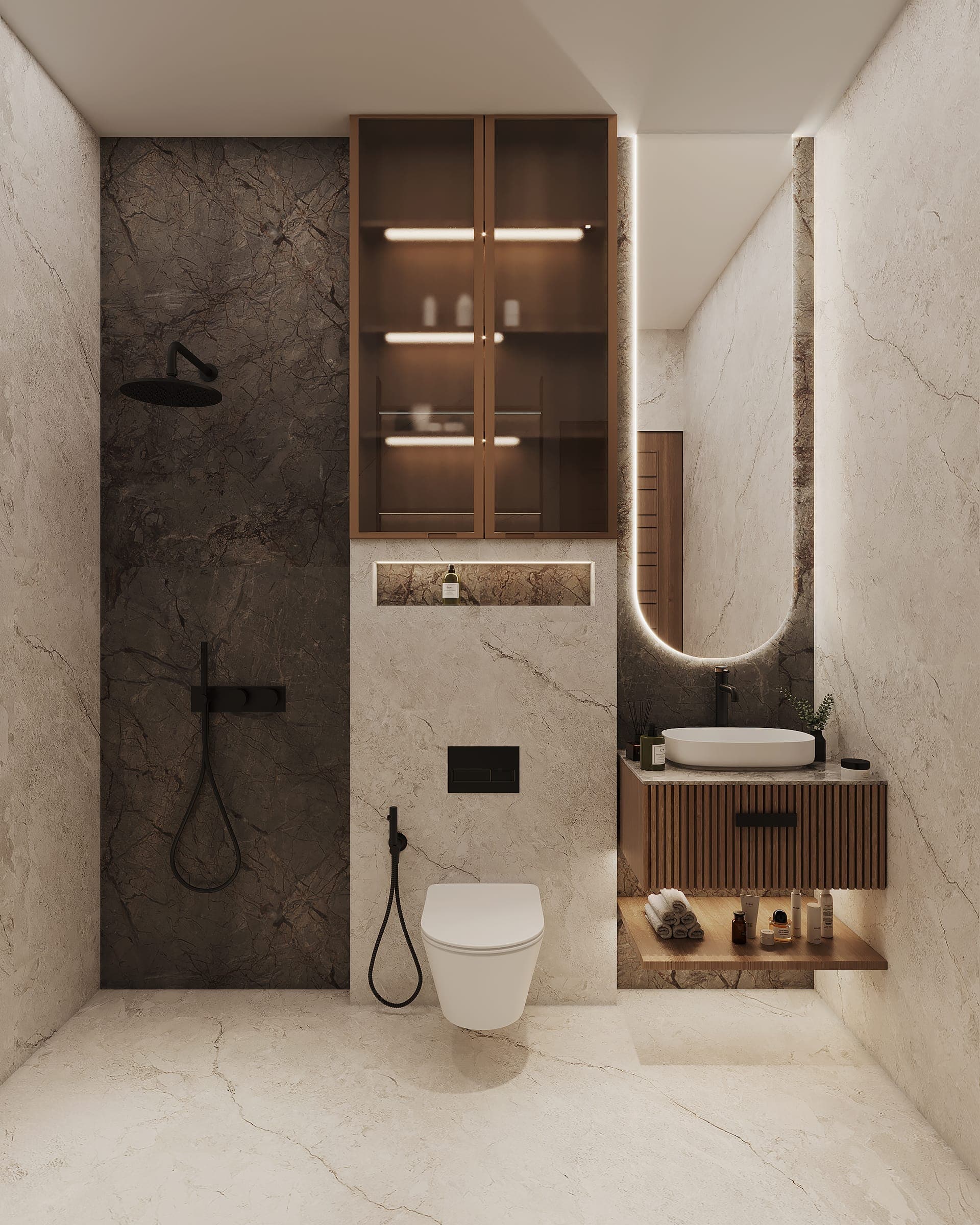 Rendered bathroom with pale marble walls, a dark marble shower panel with black fixtures, a wall-hung toilet, a bronze glass cabinet and a fluted vanity below a backlit arched mirror.